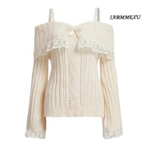 (influencer-approved) Women Off Shoulder Top Y2K Long Sleeve Lace Trim Knit Shirt Fashion Cute Solid Pullover Sweater Knitwear Red Pink Casual