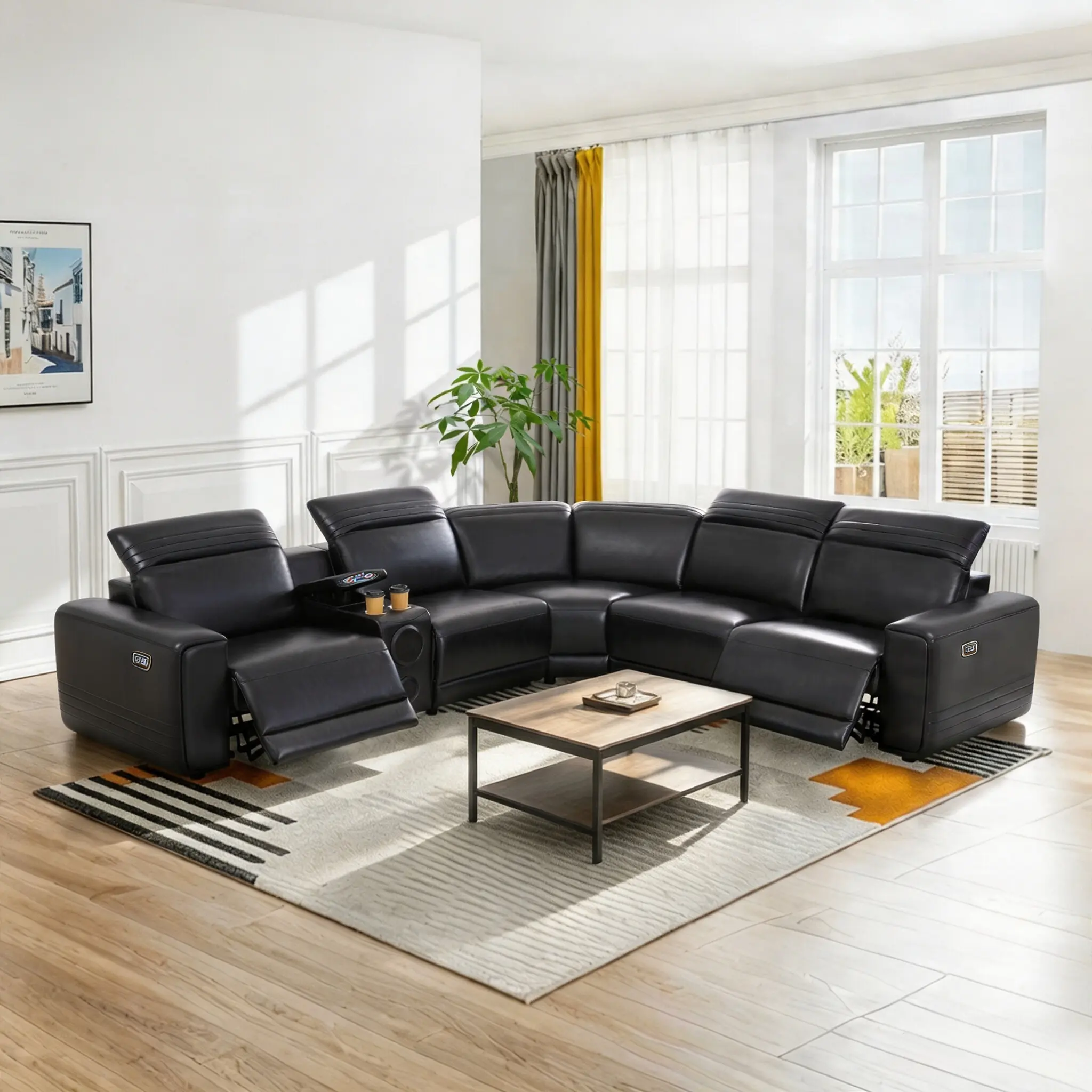 6-Piece Intelligent Adjustable Electric Recliner Sofa Set, Black Breathable Semi PU Leather, Easy-Wipe Surface, Thick Cushions for Family Relaxation & Movie Time