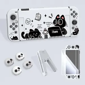 Game Console Protective Case with Tempered Film & V-shaped Grip & Rocker Arm Cover, 1 Set Dustproof Handheld Gaming Console Accessories for Switch OLED/NS