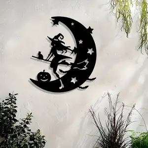 Vintage Iron Witch Moon Metal Wall Art, Halloween Garden Decoration Sign, Laser Cut Rustic Style, Ideal Gift for Home Decor