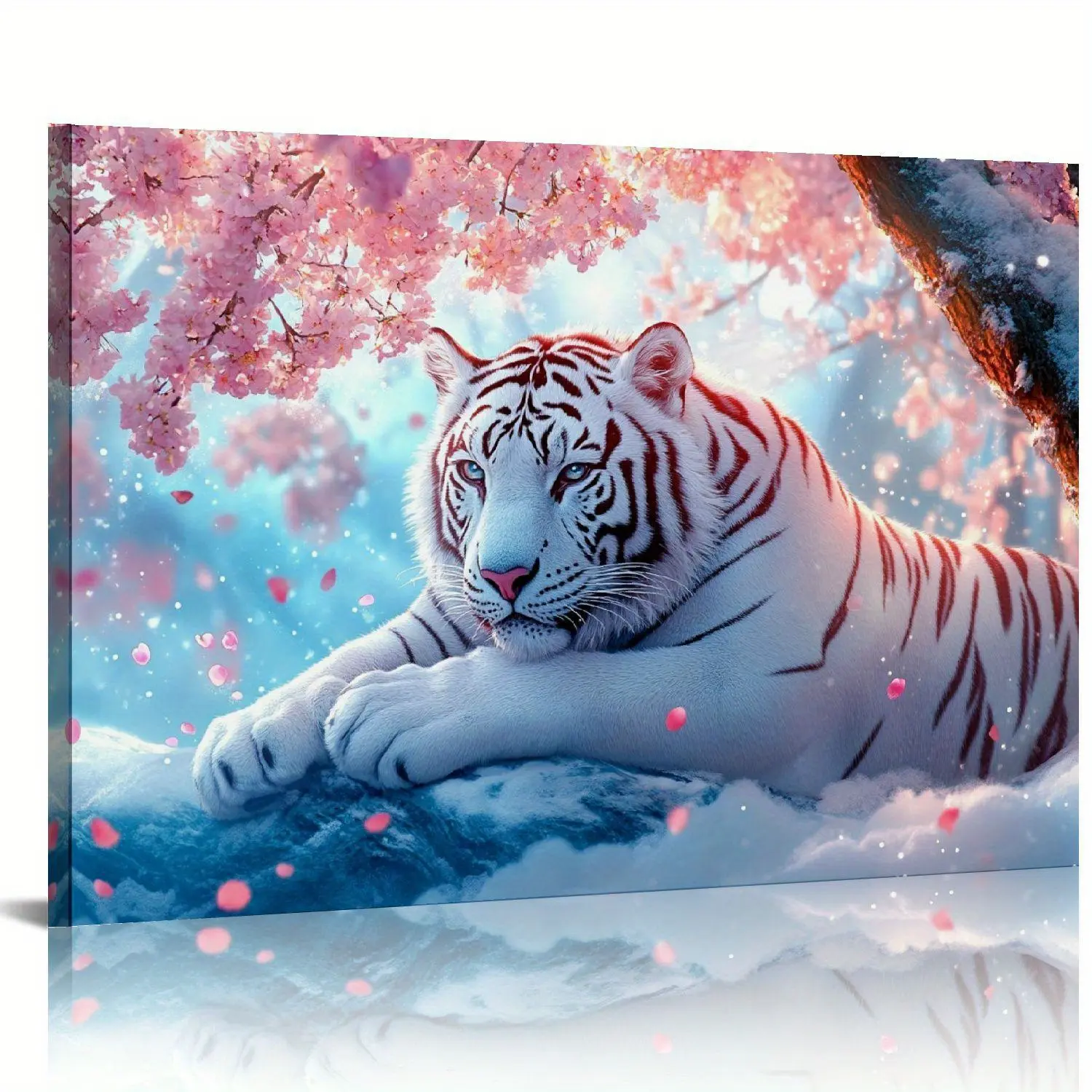 Artistic Wood-Framed Canvas Print - White Tiger & Cherry Blossom Tree Animal Design, 12*16inch/20*30inch Decorative Ready-to-Hang Wall Art for Living Room, Bedroom, Ideal Home Decor Gift
