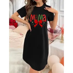 Soft Micro Stretch Women's Lingerie mama Bowknot Printed Short Sleeve Round Neck Nightgown Sexy Elegant Young Style Women's Christmas Dress Mother's Day Christmas Thanksgiving New Year Gift Ideas