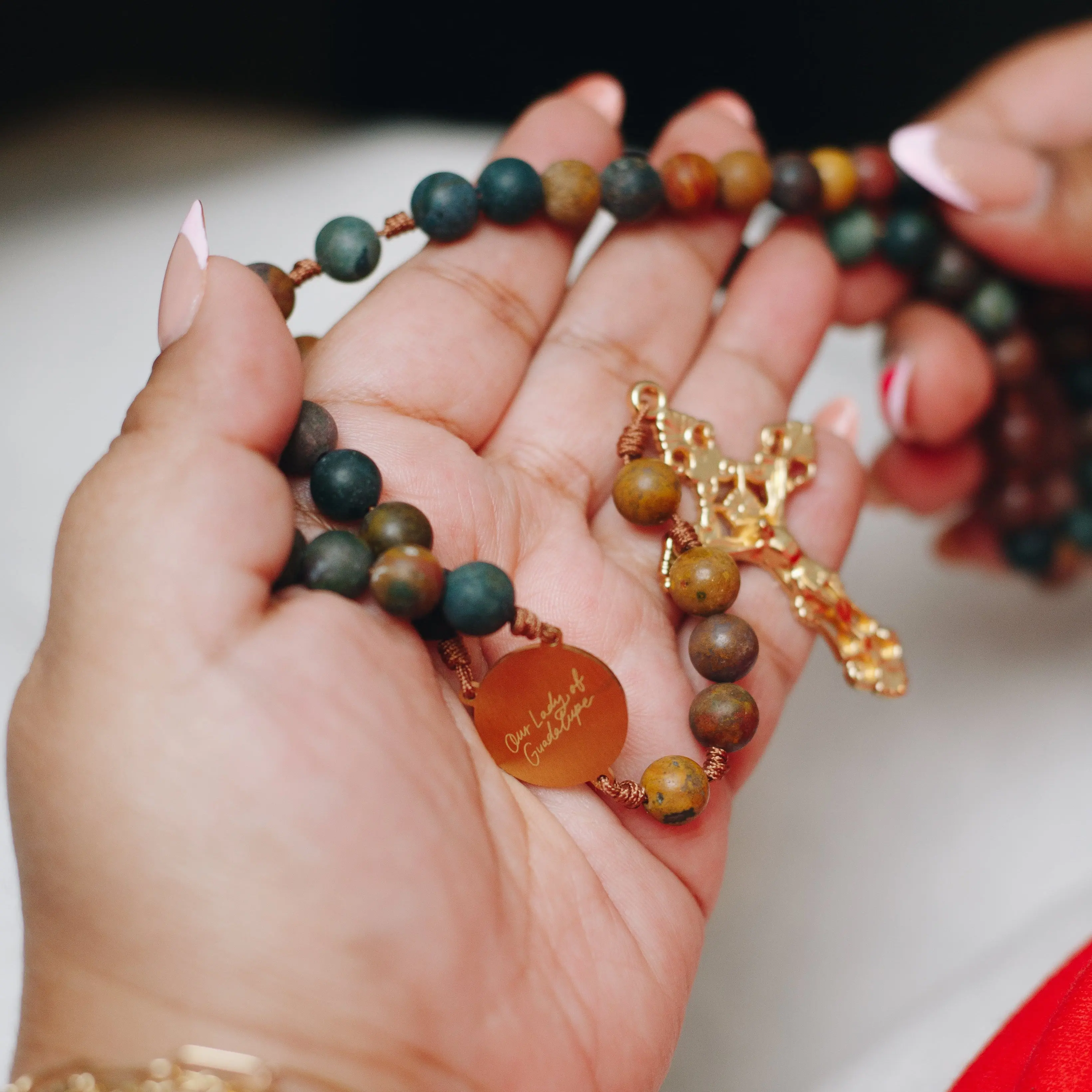 Blessed Is She Our Lady of Guadalupe Rosary Multicolored Matte Stones Prayer Tool for Catholic Reflection and Spiritual Connection