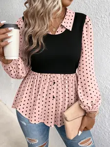 Fashion Polka Dot Contrast Panel Long-Sleeve Blouse, Curve Plus Size Loose Casual Tops Y2K Clothes Street Style Daily Date Wear Cute Party Outfits Cozy Home Wear Womenswear