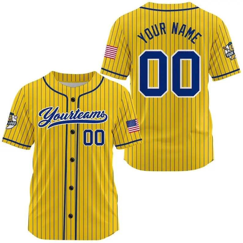 Yellow Pinstripe Baseball Jersey, Custom Name Number Logo Shirt, Personalized Team Sports Uniform