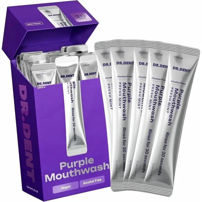 BIG SALE !! DR.DENT Purple Mouthwash for Teeth Whitening - Color Correcting Mouthwash Sachets - Peroxide Free, Alcohol Free - Freshens Breath, Supports Gum Health - Vegan, Mint Flavor (20 pc)
