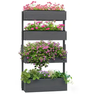 Outdoor Wooden Vertical Garden Planter – 4 Tier Planter Box, Self-Draining For Flowers, Vegetables & Herbs. Adjustable Angle For Optimal Lighting, Gray