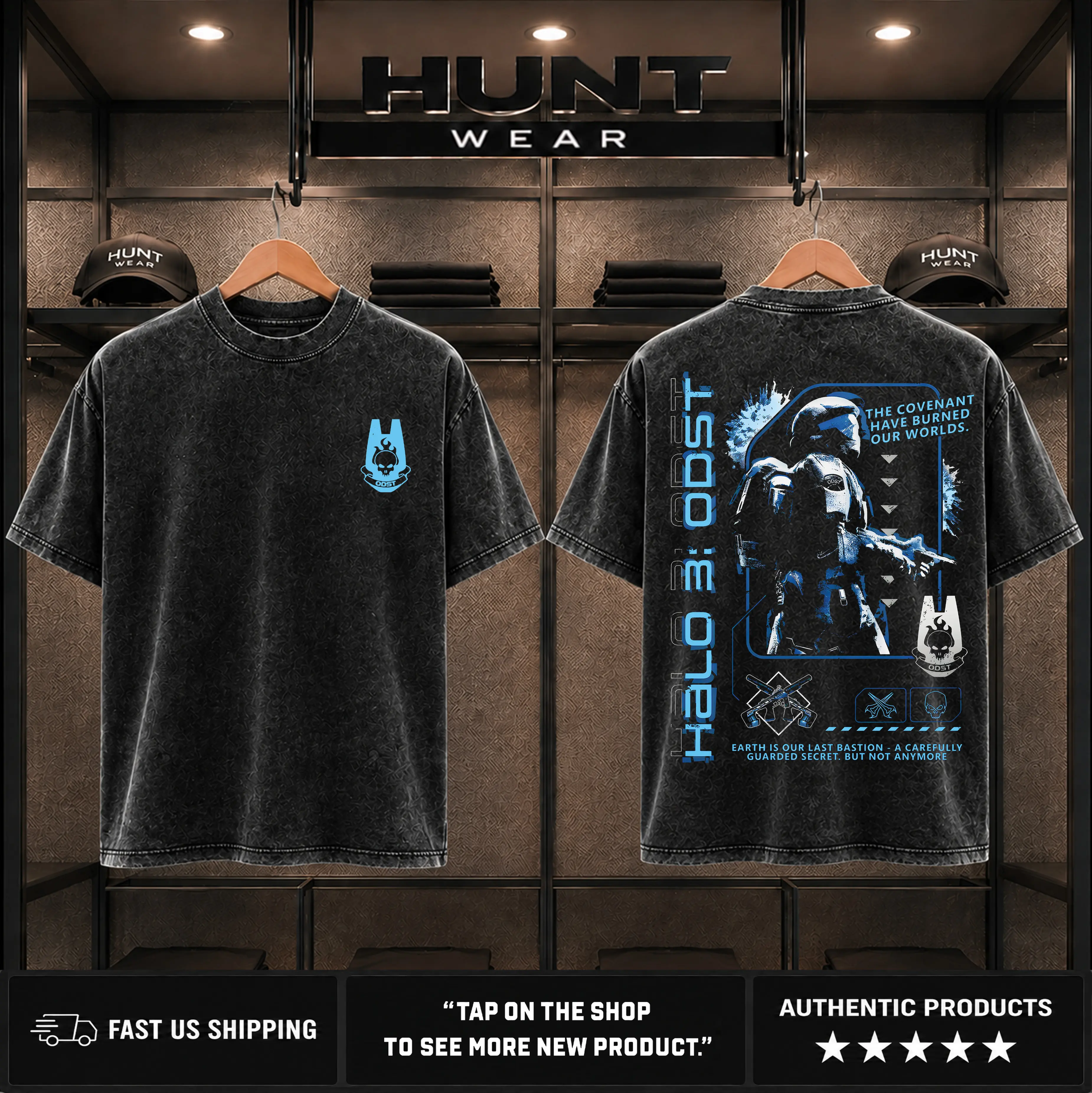 Halo ODST "The Rookie" T-Shirt Double Printed Unisex Acid Washed Lightweight Cotton T-Shirt, Gift For Game Fan, Streetwear men gifts Fabric Top Casual Womenswear Baby Everyday Gothic Graphic