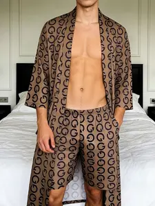 Men's Beige & Black Double-G Pattern 2-Piece Pajama Set - Silky Smooth Breathable Fabric, Long-Sleeve Robe with Self-Tie Belt & Elastic Waist Fitted Shorts, Casual Loungewear Nightwear for Post-Shower, Evening Relaxation & Home Comfort, Homewear