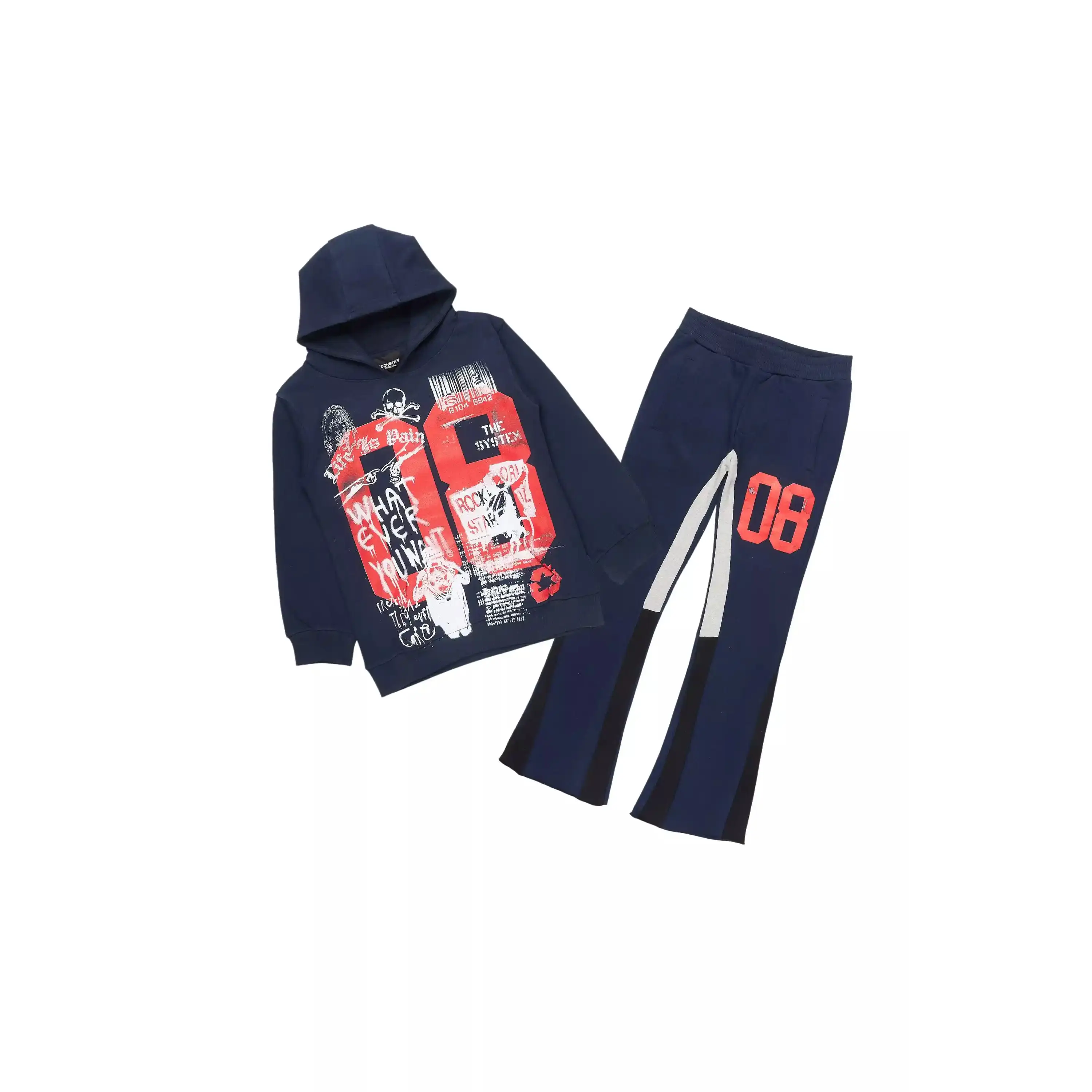 Boys Beau Navy/Red Hoodie Stacked Flare Track Set