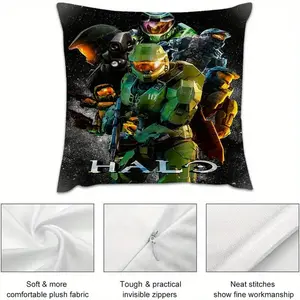 1pc Halo Video Game Soldier Design Square Pillow Cover - Double-Sided Printed 18x18 Inch, Contemporary Style Zipper Closure, Machine Washable for Bedroom, Dorm, Office, Party Decor - Ideal Gamer Gift (No Insert), Gamer Pillow, Dorm Room Accessory, Futuris