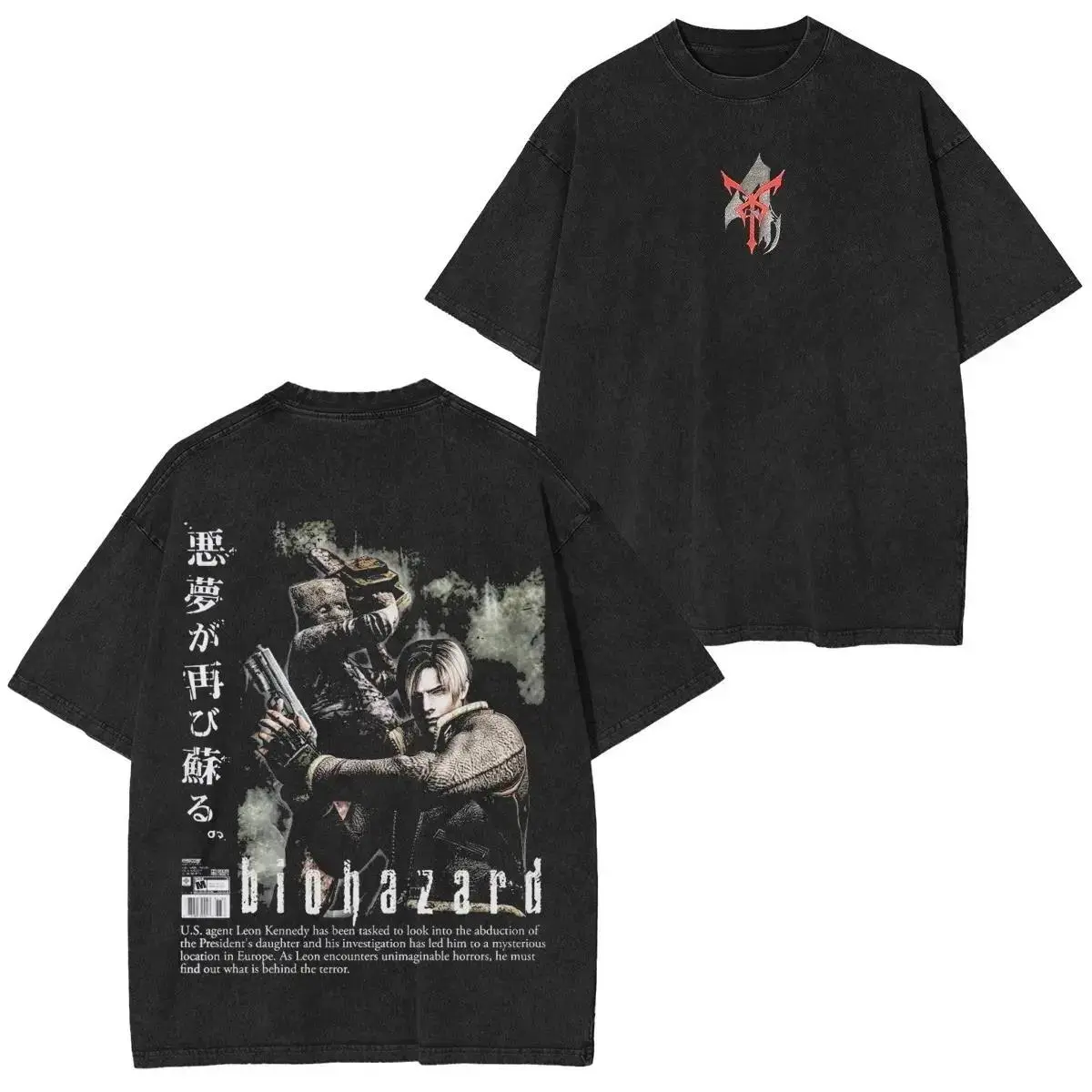 Mens Womens Retro Distressed Washed Resident Evil 4 Leon Kennedy Villager Biohazard Japanese Text Art Print Cotton Double Sided Tee Grunge Streetwear Fit Travel Game Night Bar Gym Casual Survival Horror Game Enthusiast Daily Outfit