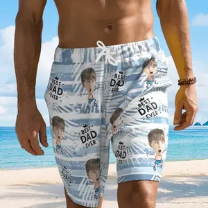 Customized Men’s Beach Shorts with Face Print Personalized Photo Swim Trunks for Father’s Day Unique Best Dad Ever Bathing Suit Lightweight Summer Boardshorts Gift for Dad