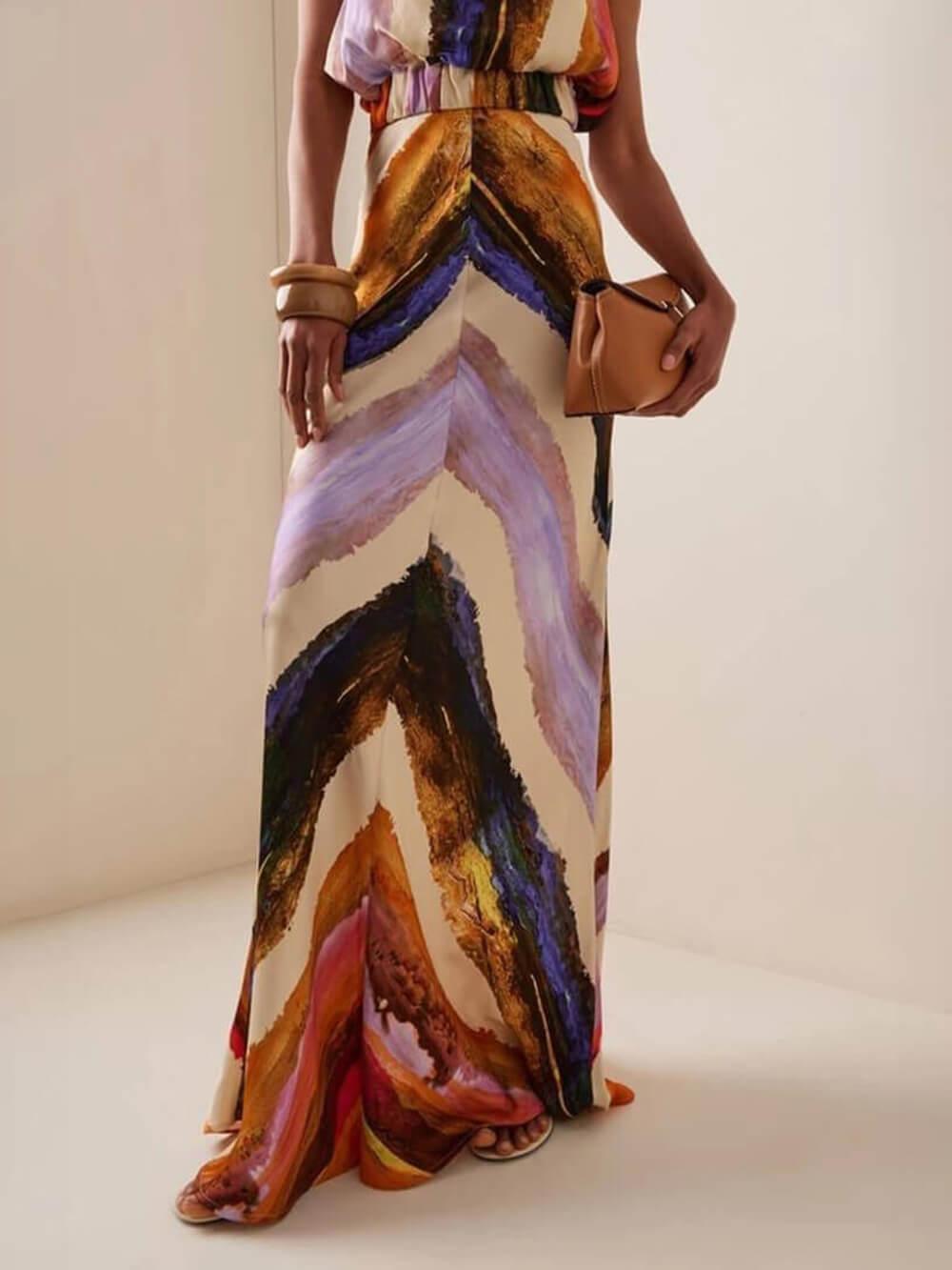 LikeMyChoice Elegant Abstract Print Tank Top & High-Waisted Maxi Skirt Set for Brunches Art Events & Seaside Strolls Chic Clothes