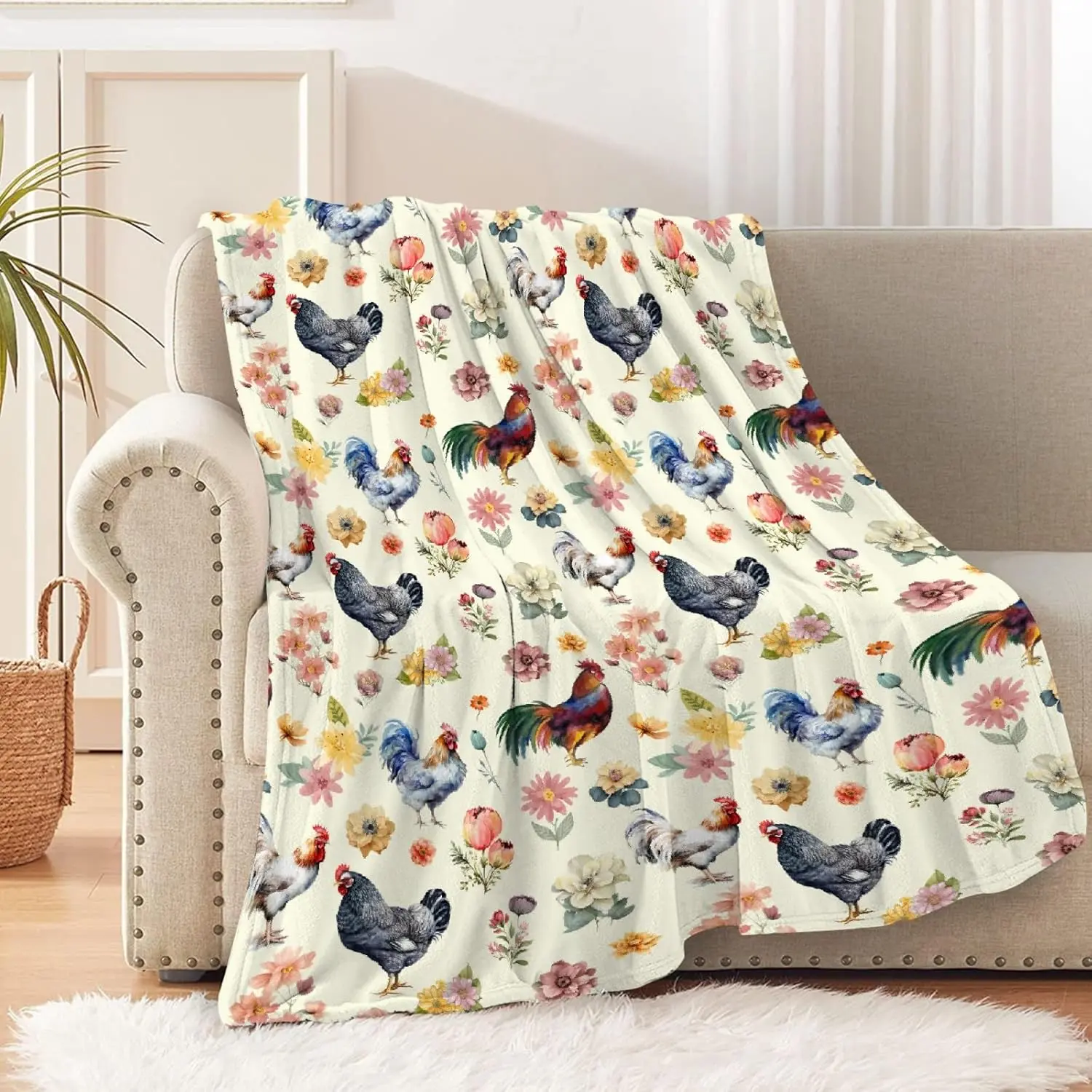 Watercolor Chicken Flannel Throw Blanket - Super Soft Polyester Fiber, Decorative, All-Season Lightweight, Cozy Warm, Ideal Gift Choice, Cozy Warm Blanket, Decorative Blanket