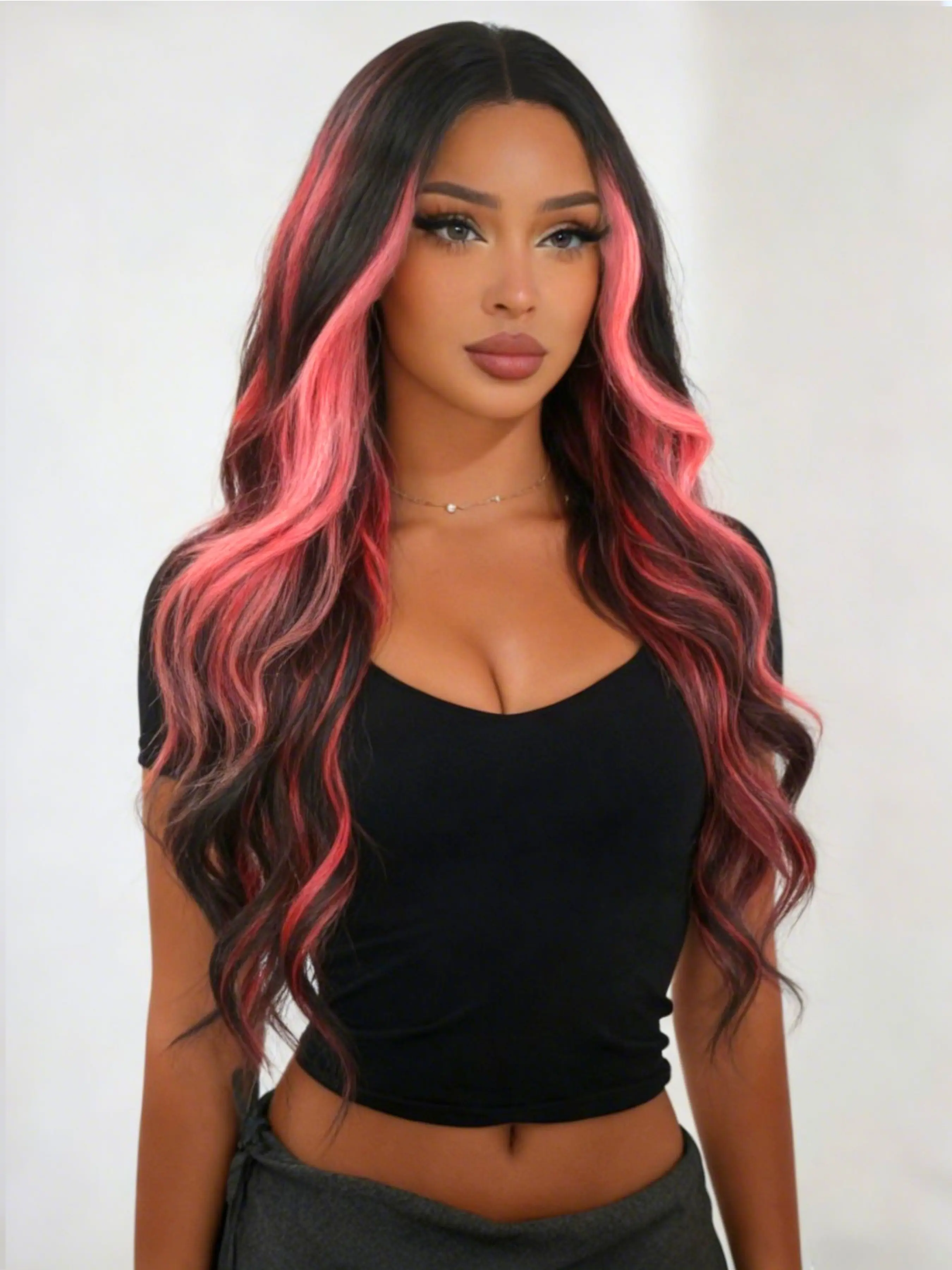 Black Pink Highlight Wavy 13x4 Lace Front Wigs Body Wave Pre-Plucked Hairline Synthetic Wig Dating Look Valentine’s Day Date Night Free Part Wavy Wig for Women Everyday Wear School Work Valentine’s Gift Present 28 Inch Frontal Lace Wig