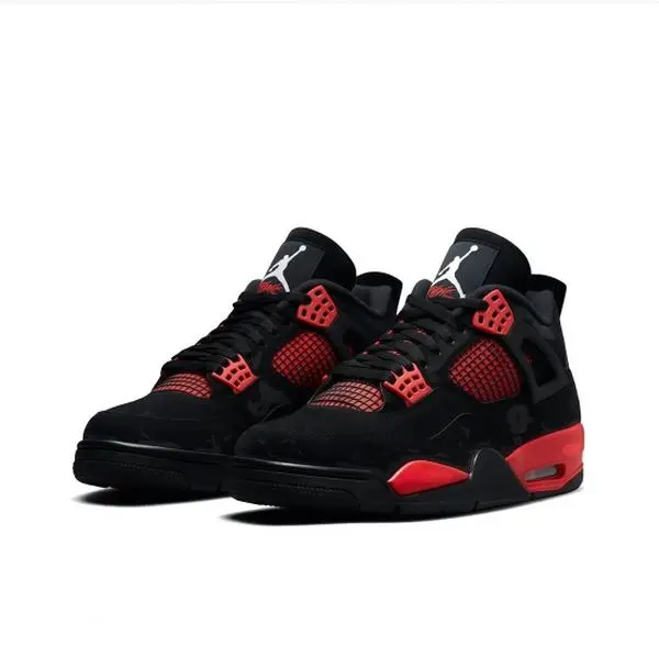Retro Mid‑Cut Fashion Sneakers, classic black upper with striking red highlights and mesh detailing. Iconic vintage sport shoes for sports and everyday street outfits.