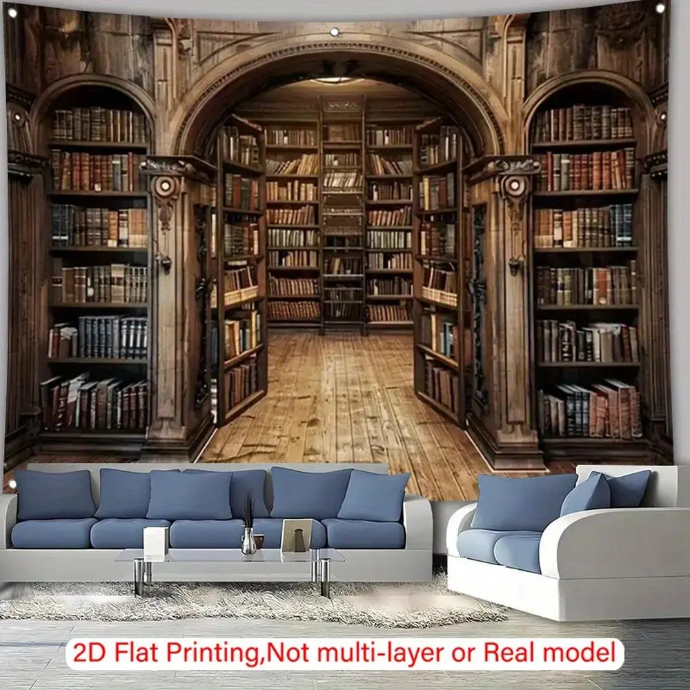 Extra Large Vintage Library Scene 2D Flat Polyester Bookshelf Banner - Home Office Photography Backdrop, Birthday Party Decoration, No Electricity Needed, Ideal Gift for Book Lovers (2D Flat Printing, Not Multi-layer or Real Model)