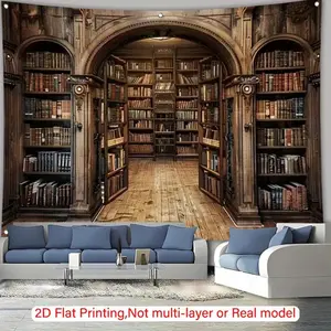 Vintage Library Scene 2D Flat Extra Large Bookshelf Banner Home Office Photography Backdrop Party Decorations No Electricity Needed Ideal Gift for Book Lovers 2D Flat Printing Not Multi-layer or Real Model