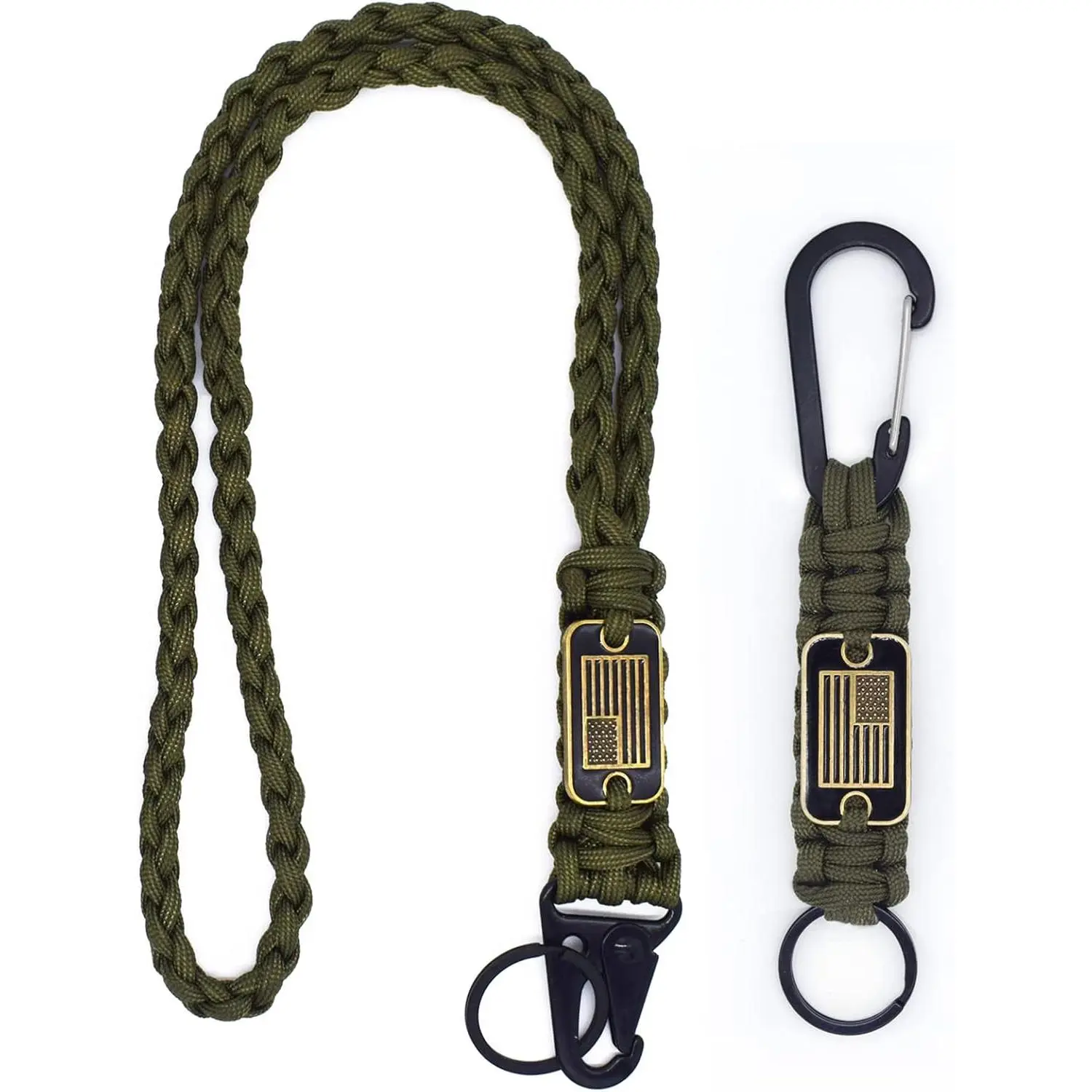 2 Piece Paracord Lanyard and Keychain Set, Heavy Duty Braided Nylon with USA Flag, Smooth HK Clip for Keys, Outdoor Everyday Carry