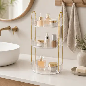 Multipurpose 3-Tier Bathroom Storage Organizer | Bathroom decor，Classic 360-Degree Rotating Multi-Layer Skincare & Perfume Storage Rack, Large-Capacity Vanity Countertop Organizer, bathroom set（white）