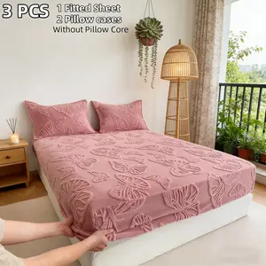 3-Piece Embroidered Butterfly Flannel Pillowcase Sheet Set, Soft Warm Autumn Winter Bedding, Includes 1 Fitted Sheet & 2 Pillows, Bedroom Decor