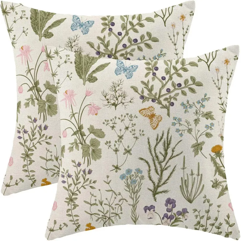 Spring Couch Cushion Covers 18x18 Inches 2-Pack, Sage Wildflower Pattern, Seasonal Floral Outdoor Decor, Home Sofa Bed Use, No Pillow Insert