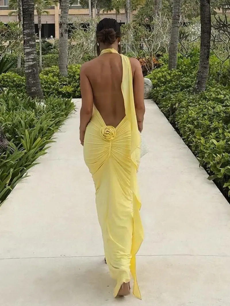 BOOFEENAA Long Party Dresses for Women Elegant Sexy Floral-Applique Halter Backless Maxi Dress Summer Clothes 2024 C83-CE37