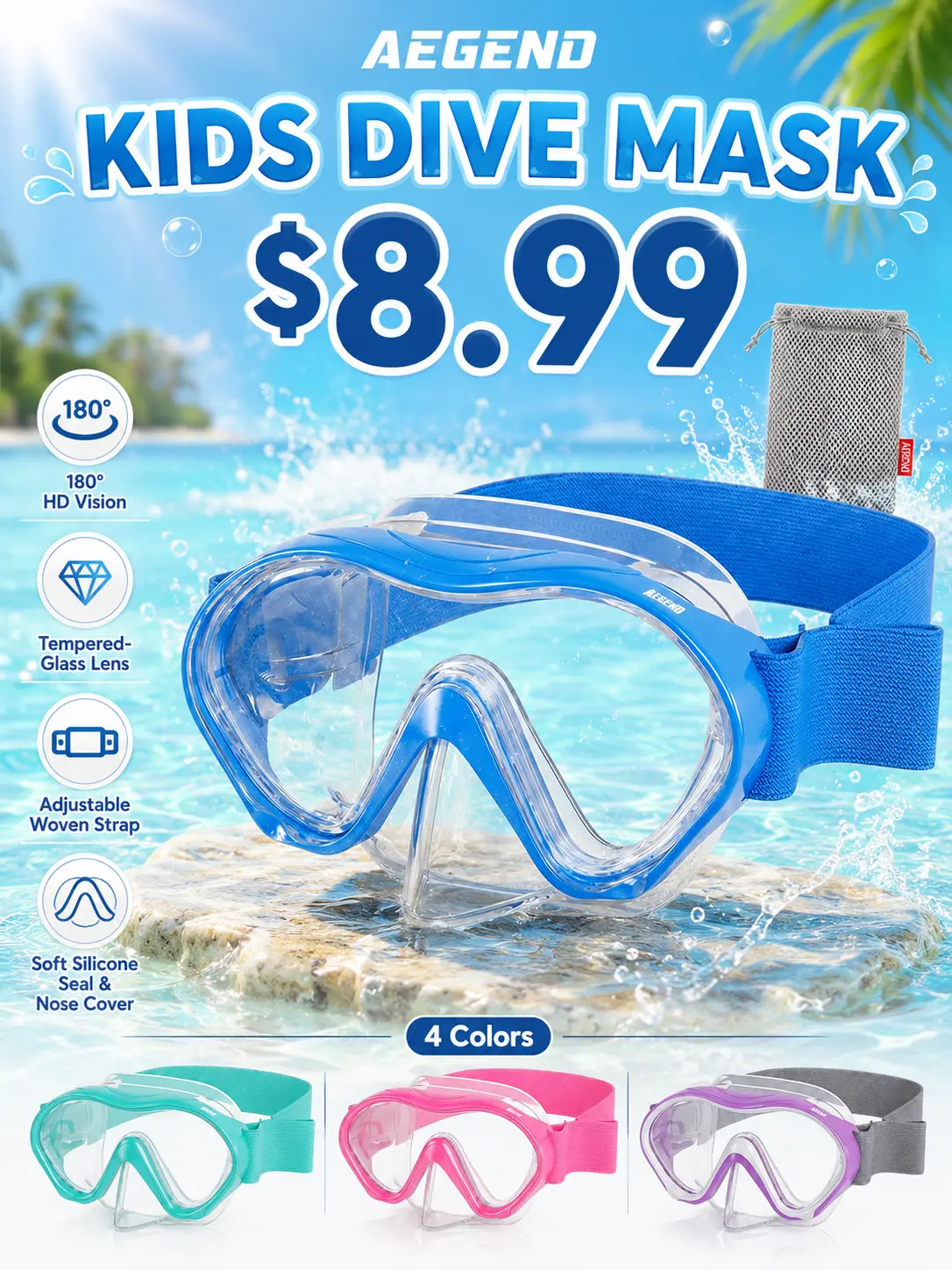 Aegend Kids' Diving Mask - Panoramic Tempered Glass Anti-Fog Lens with Soft Silicone Seal - Adjustable Tangle-Free Knitted Strap, Soft Seal, Children, Diving Masks, Snorkeling Gear, Swim Goggles, Tangle‑Free Strap tiktokshopbacktoschool