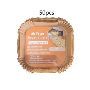 50pcs Air Fryer Paper Liners, Original Color Square Baking Paper Pads, Non-Stick Oil Absorbing Surface, Leaf Edge Design, Disposable Kitchen Supplies