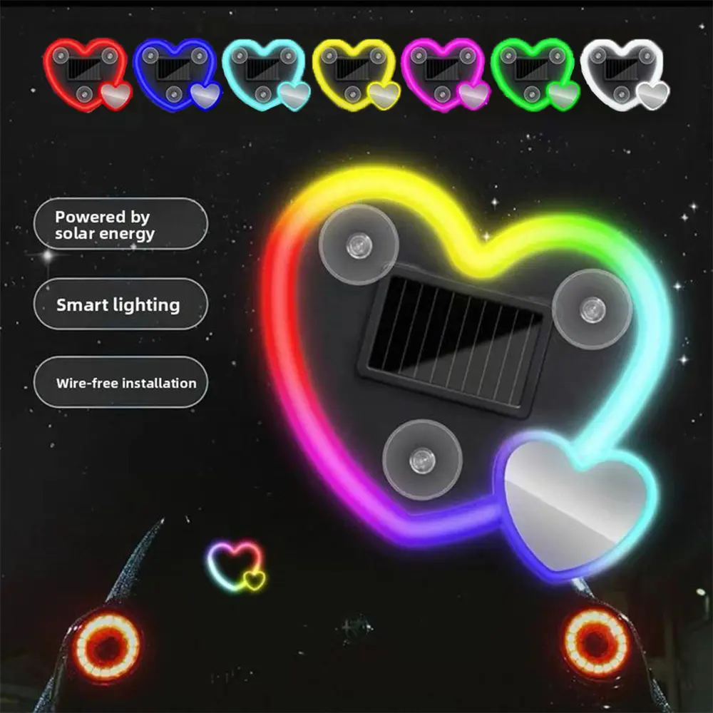 Car LED Ambient Light, Solar-Powered Heart-Shaped LED Neon Light, 5 Modes, IP65 Waterproof, Romantic Cars for Night Driving, Heart Car Accessories for Christmas, Valentine's Day, Anniversary