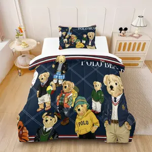 Cute Teddy Bear Comforter Set (2/3 Piece, 1 Comforter + 1/2 Pillowcases), Preppy Style Cartoon Bear Bedding, Navy Blue Plaid Pattern Soft Warm Quilted Bed Set for Kids Teens Adults (Multiple Sizes Available, No Pillow Core)