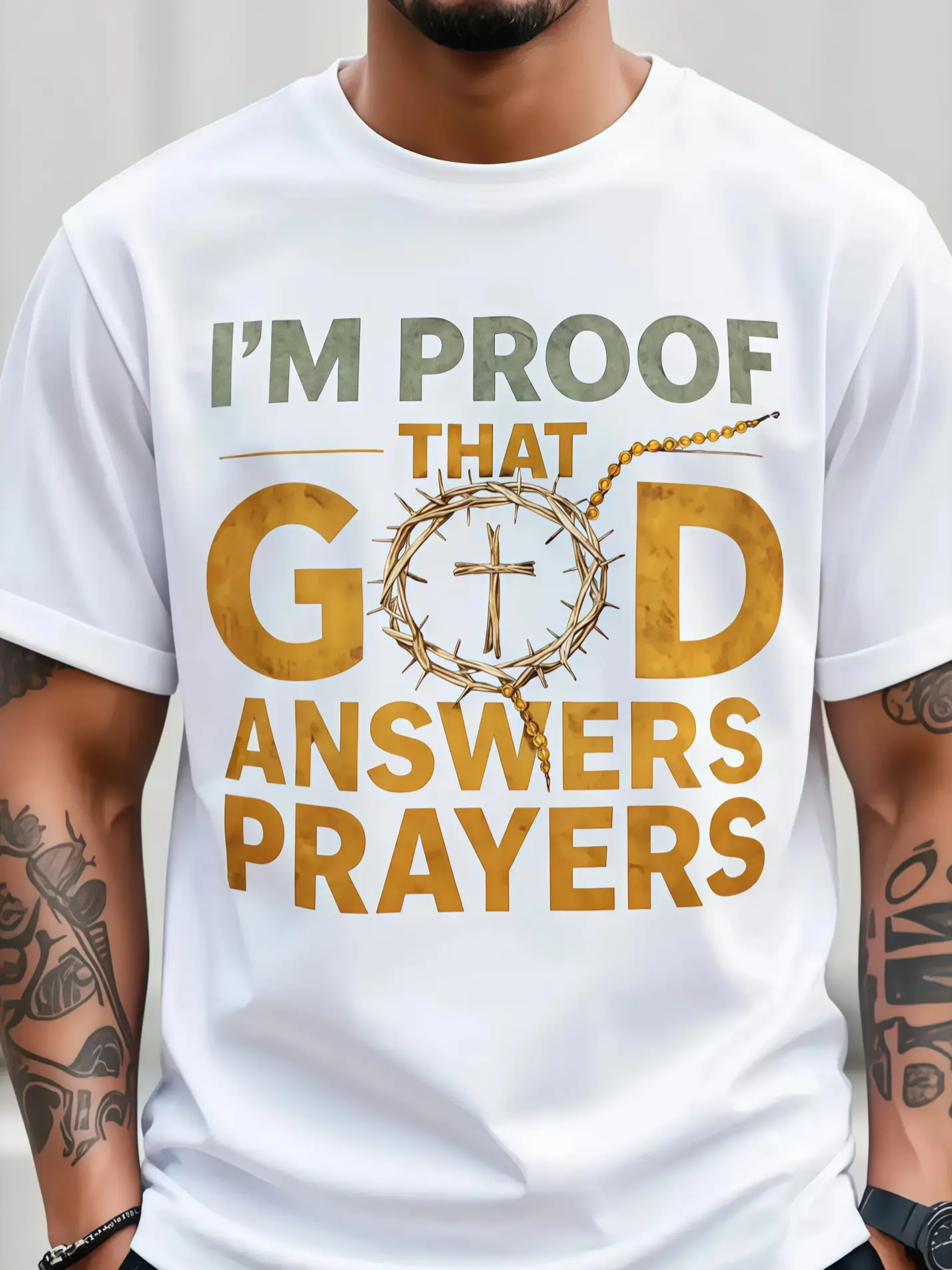 Men's Christian T-Shirt "I Am the Proof of God's Response to Prayer" with Golden Crown Cross & Lettering - Suitable for Church, Easter, Christmas -Religious Casual Cotton Menswear Crew Neck Graphic Tee Top Womenswear Streetwear Print Tshirt