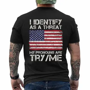 Patriotic USA Flag T-Shirt - I Identify As A Threat My Pronouns Are TryMe Shirt, Short Sleeve Printed Graphic Shirt, Daily Casual Cotton Menswear