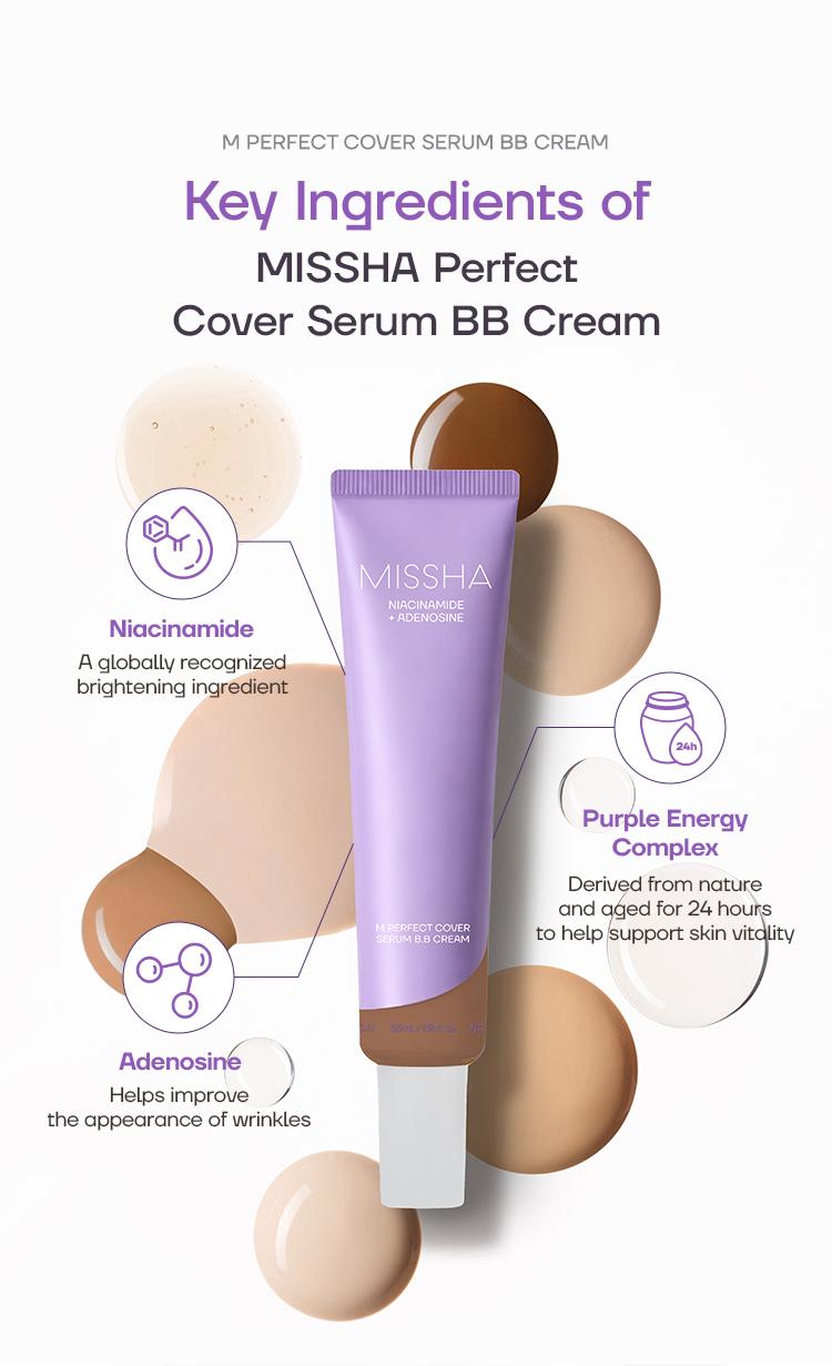 [MISSHA Official] M Perfect Cover Serum BB Cream (35ml) - Bifida Ferment Lysate Serum-Infused BB Cream for Anti-Aging Skin Rejuvenation, Skin Tint, Tinted Moisturizer, Skin Care Foundation Makeup,Superfood Complex,Glass Skin CardiBB OGBB PurpleBB