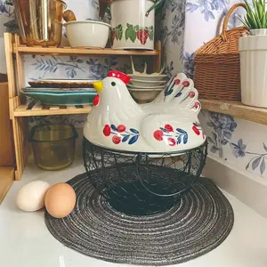 Farmhouse Style Chicken Egg Storage Basket with Lid, Decorative Kitchen Counter Organizer for Eggs, Fruits and Vegetables