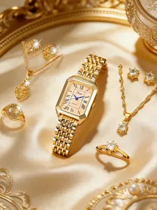 Women Luxury Watch Elegant Jewelry Set, Analog Quartz Movement, Metal Case, Square Face, Casual Style, Perfect Gift for Valentine's Day