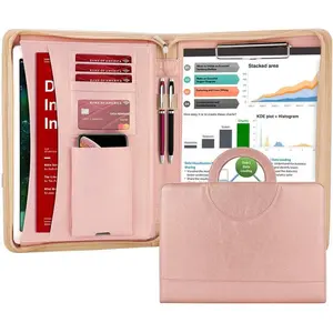 Zippered Leather Padfolio Portfolio with [Hidden Handle] and [Clipboard], Business Conference Portfolio Organizer Notepad Folder, Portfolio Bag, Portfolio Padfolio for Women/Men (Rosegold)