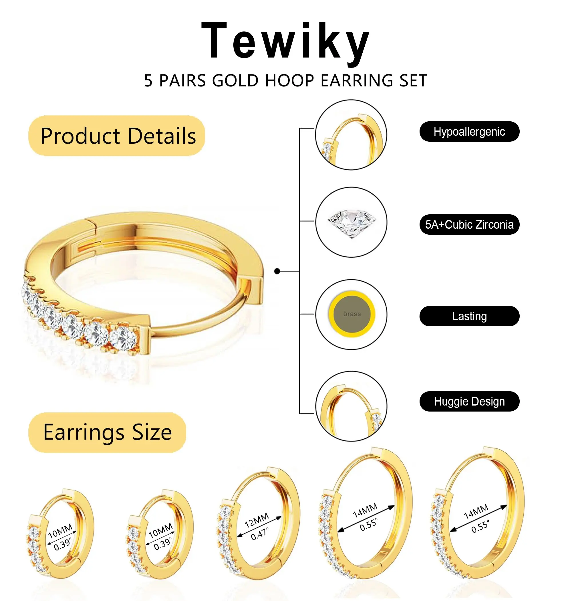 Tewiky Greenish Spring Jewelry 5Pcs Gold Huggie Hoop Earring Setsfor Women,  CZ Earrings Jewelry Small Hypoallergenic Trendy Waterproof Lightweight Multiple Cartilage Earring,Valentine's Day Gift