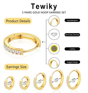 Tewiky Greenish Spring Jewelry 5Pcs Gold Huggie Hoop Earring Setsfor Women,  CZ Earrings Jewelry Small Hypoallergenic Trendy Waterproof Lightweight Multiple Cartilage Earring,Valentine's Day Gift