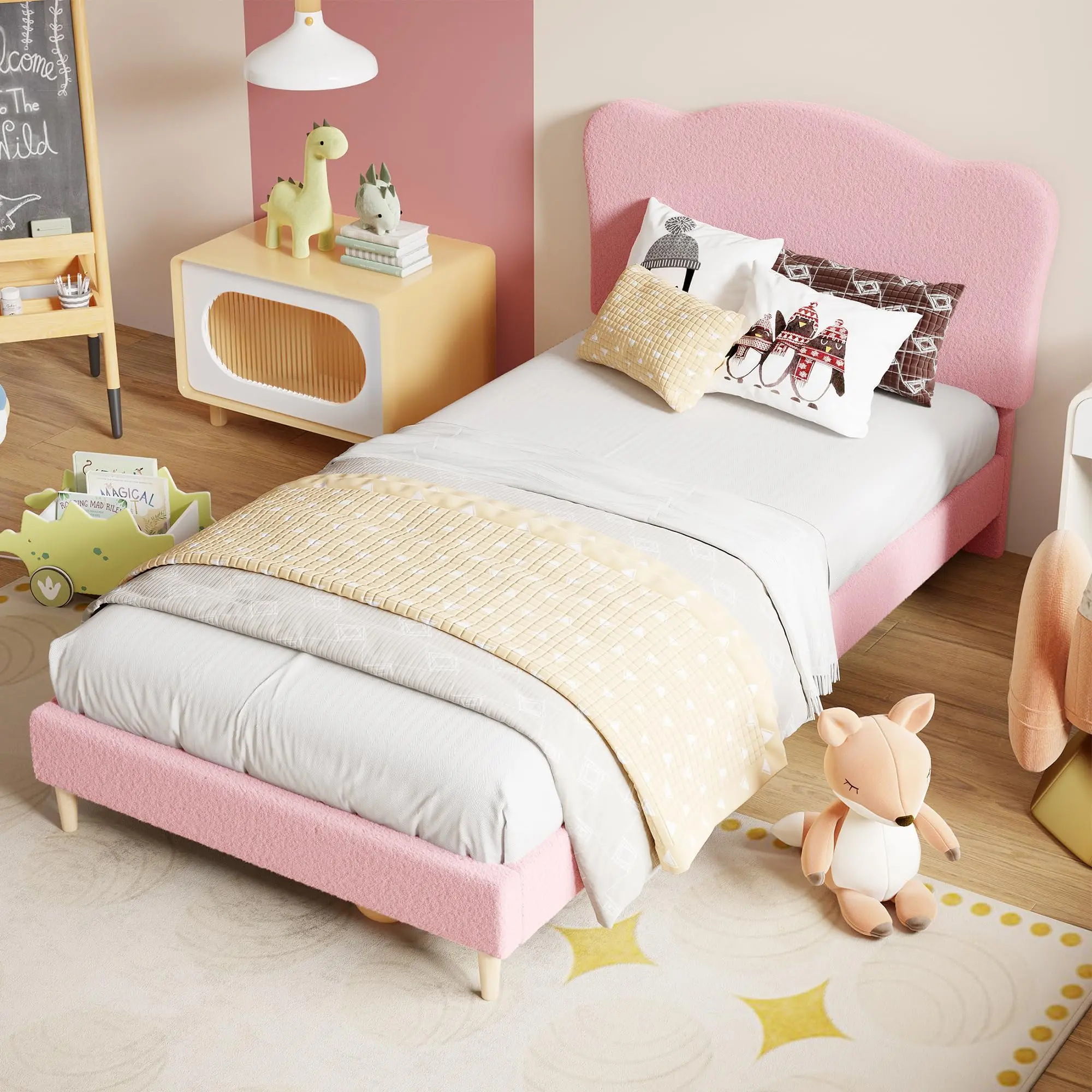 Garvee Modern Upholstered Platform Bed Frame with Cozy Boucle Headboard, Plain Wood Slats, Noise-Free Design, No Box Spring Needed, Easy Assembly, Pink, Full Size