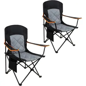 2 Pack Oversized Fully Padded Camping Chair Heavy Duty Quad Fold Arm Chair Support 350 LBS with Cup Holder, Collapsible Lumbar Back Chair Portable for Outdoor, Black