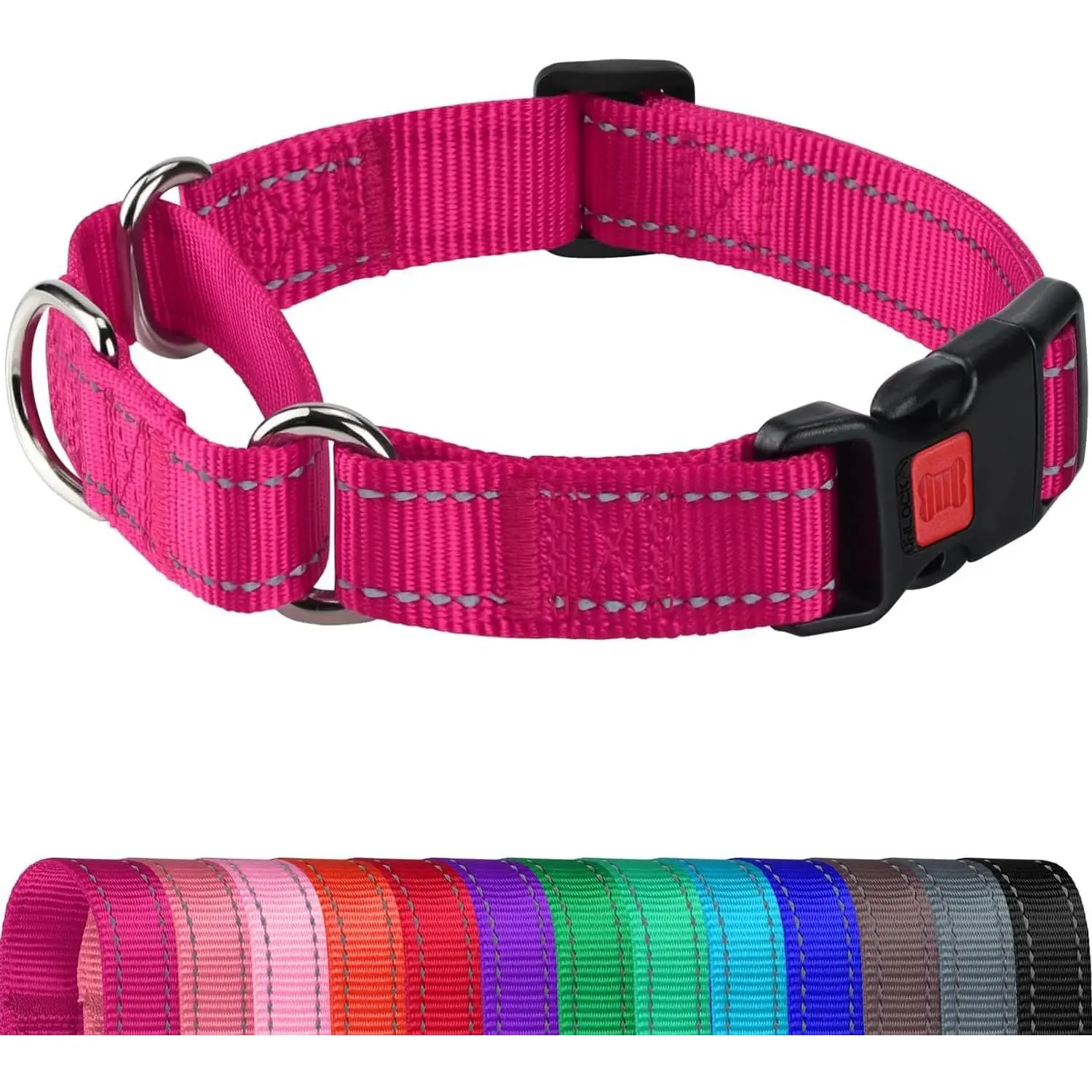 Joytale Martingale Dog Collar, Reflective Heavy-Duty Nylon Collar with Quick-Release Buckle, Adjustable for Medium Dogs (Walking, Training), Hot Pink, Size M, S, Hotpink