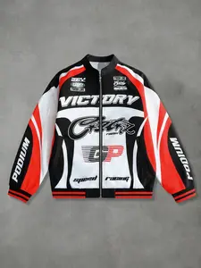 Men's Street Style American Cool Racing Element Letter Print Street Fashion Outerwear Jacket Coat, Comfortable and Fashionable, Perfect for Daily Outdoors Activities
