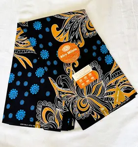 Premium Ankara/Kitenge Fabric – Floral and Flowing African Wax Print, Blue, Gold & White on Black, 6 Yards Durable & Authentic Quality