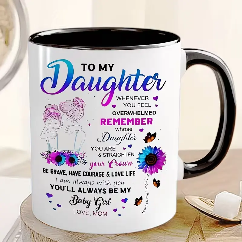 1pc 11oz Printed Floral Love Ceramic Coffee Mug - Sturdy, Lightweight, Heartfelt Message for Daughter, Colorful Flowers & Butterflies Design, Sentimental Mother-Daughter Bond Gift, Daily/Special Occasion Use, Comfortable Handle