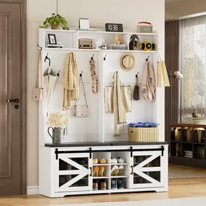 Farmhouse Entryway Bench, Hall Tree Entryway Storage Bench with Coat Rack, Mudroom Storage Cabinet with 16 Shoe Cubbies & 12 Coat Hooks, 59" Wide Hall Tree with Shoe Storage Bench, White