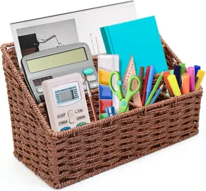 Woven Mail Organizer for Desk Countertop, Mail Holder Sorter Basket for Desktop Counter, Mail Bill File Envelope Letter Holder Organizer Basket for Desk Desktop Countertop, Brown