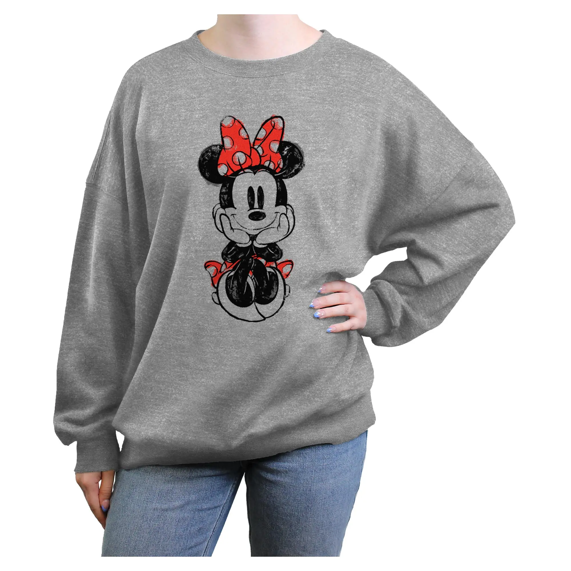 Mickey & Friends Sitting Minnie Sketch Juniors Sweatshirt, School, Hoodie, Mouse, Everyday, Top
