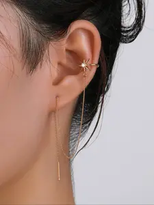 Artificial Zircon Inlaid Star Design Earrings, Artificial Zirconia Earrings, Fashionable Chain Tassel Decor Earrings for Women & Girls, Trendy All-match & Exquisite Jewelry for Birthday Gift